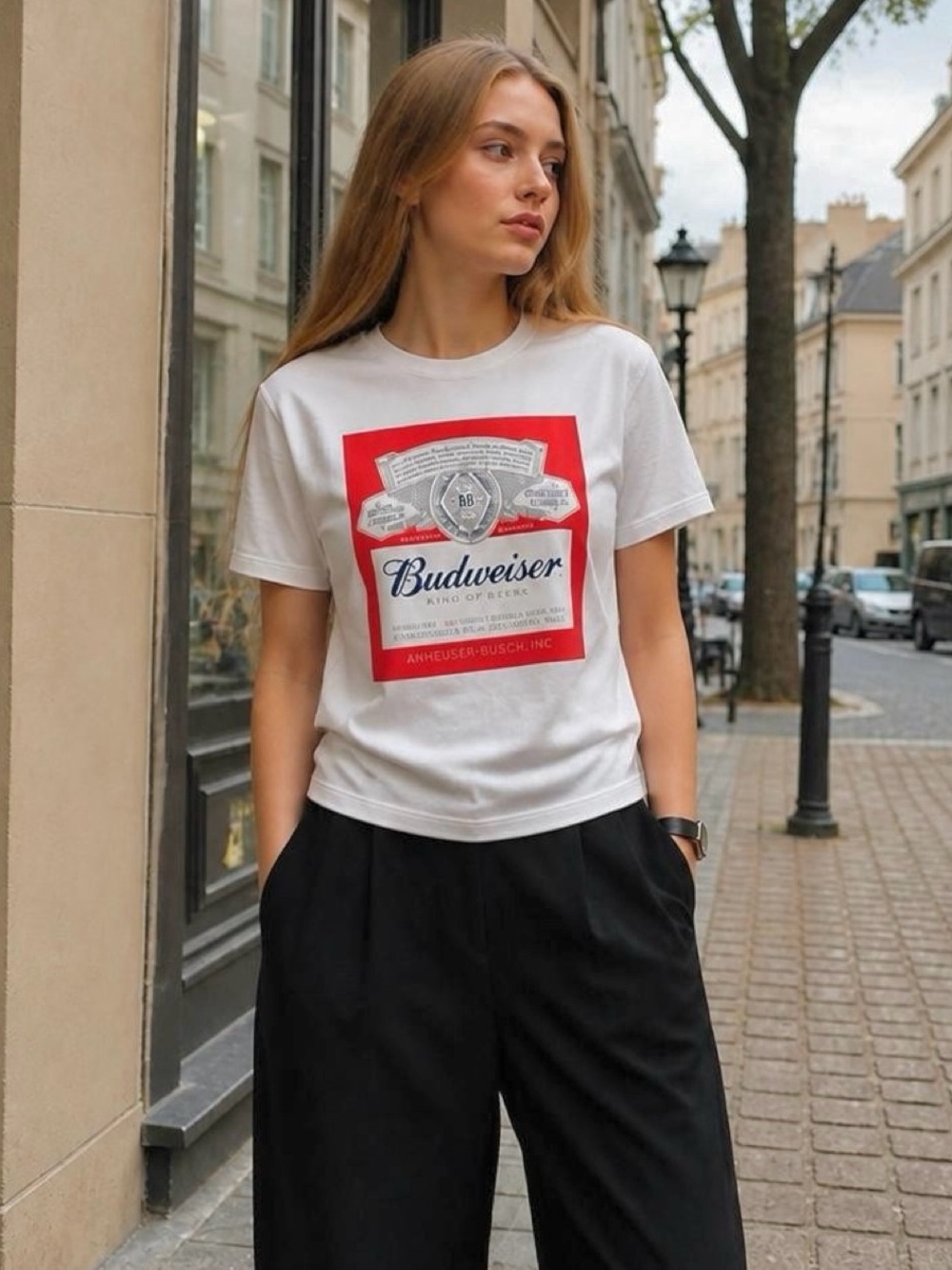 Budweiser King of Beer Large Graphic Tee T-Shirt White Y2K Fashion Cotton Top